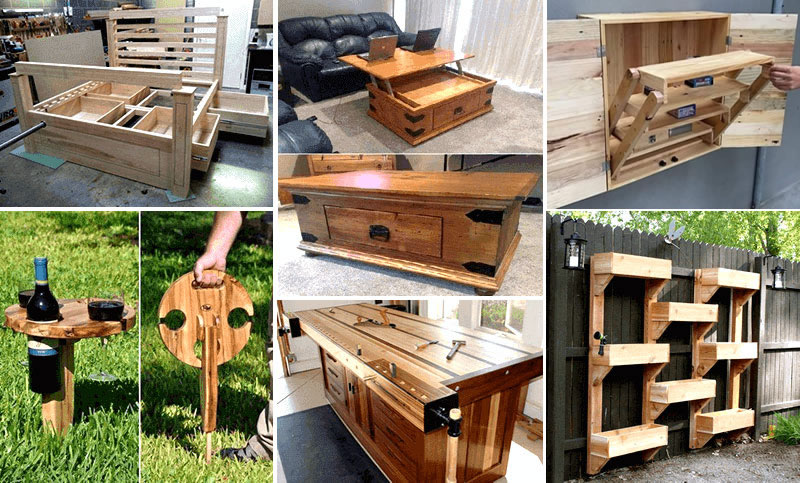 Indoor woodworking projects built from Teds Woodworking plans - bed frame with drawers, lift-top coffee table and workbench
