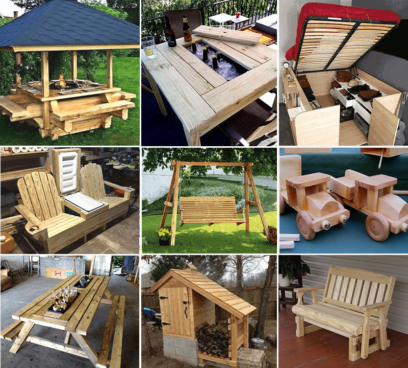 Outdoor woodworking projects built from Teds Woodworking plans - gazebo, picnic table, swing and firewood shelter